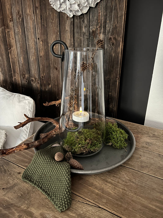 Windlichtglas mit gebogenen Kerzenhalter extra hoch
